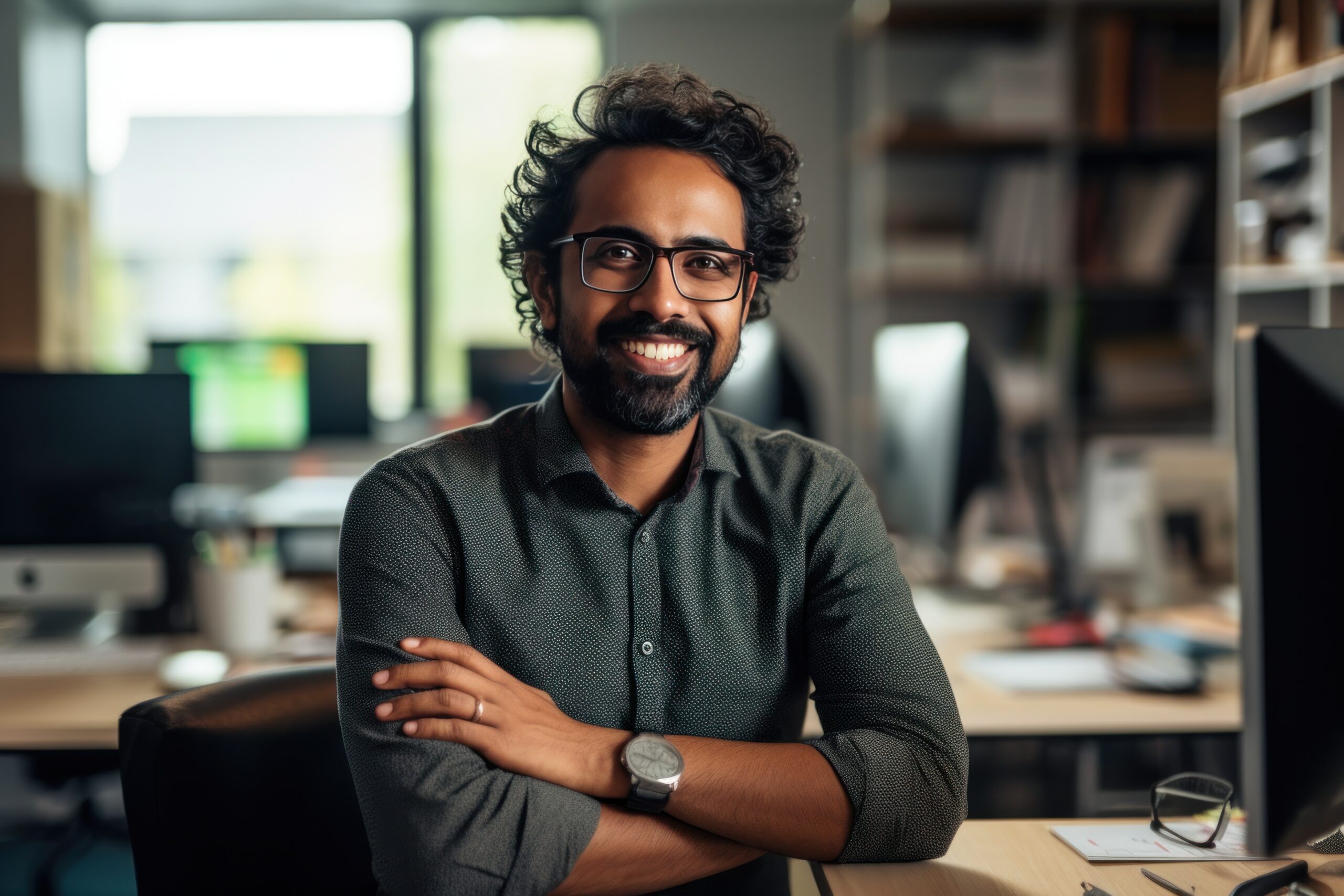 an indian man smiles and is smiling in an office