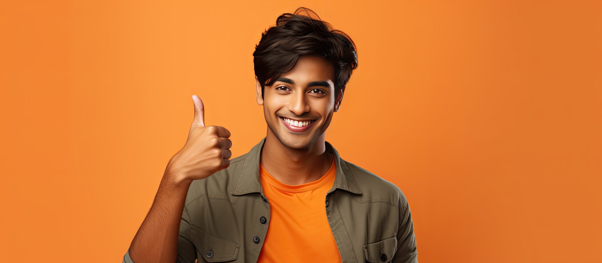 The attractive Indian man is happily posing and showing a thumbs up isolated on an orange backdrop for advertisement